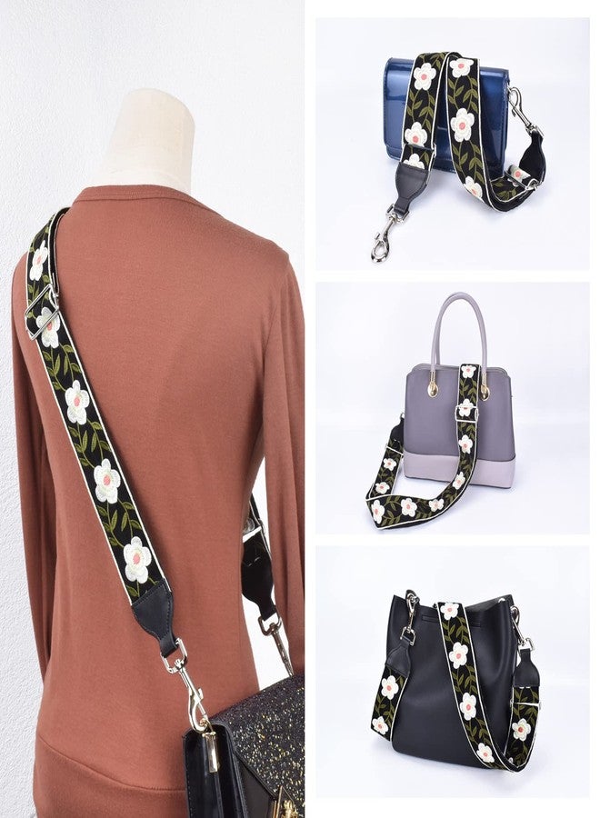 CLOUDMUSIC Handbag Strap Replacement Crossbody Strap Purse Strap With Silver Clips For Women Girls(White Flowers In Black) - Image 2